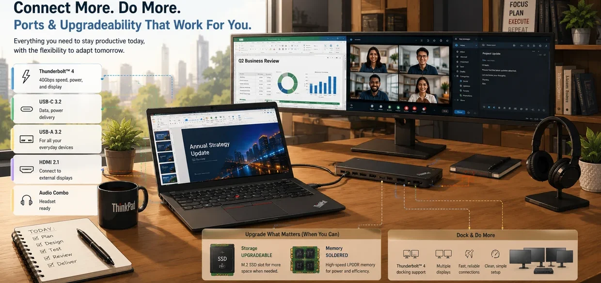 Illustration showing Lenovo ThinkPad T14s Gen 7 ports, docking, external display connectivity, and upgradeability features for productivity workflows