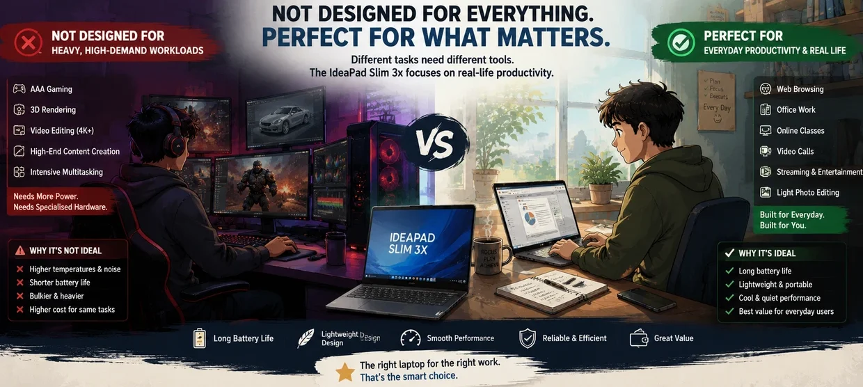 Illustrated ultrawide comparison image showing the Lenovo IdeaPad Slim 3x focused on everyday productivity instead of gaming and heavy creator workloads