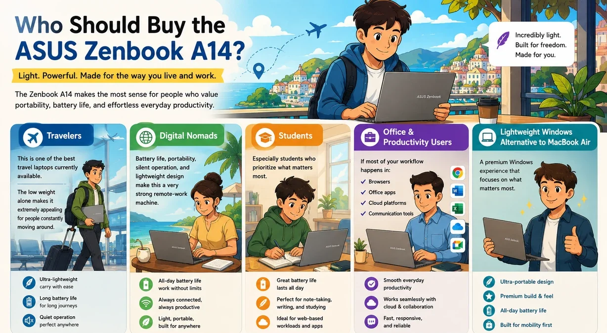 Cartoon-style infographic showing different types of people who would benefit from the ASUS Zenbook A14 including travelers, students, digital nomads, and office users