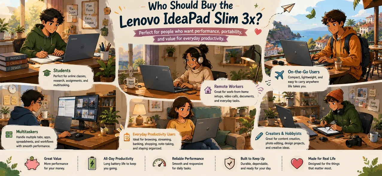 Cartoon-style ultrawide illustration showing the different types of users who should buy the Lenovo IdeaPad Slim 3x for productivity and everyday workflows
