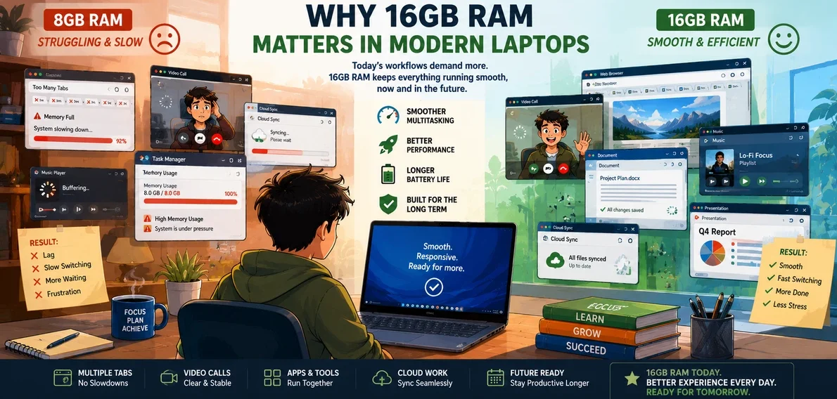 Illustrated ultrawide comparison image showing why 16GB RAM improves multitasking, productivity, and long-term laptop usability compared to 8GB RAM