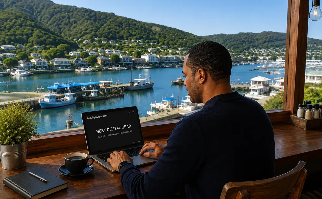 Remote worker researching technology products from a waterfront café overlooking a scenic harbor