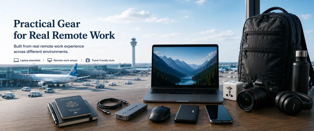 Remote work gear setup with laptop, travel backpack, passport, camera, smartphone and accessories at an airport