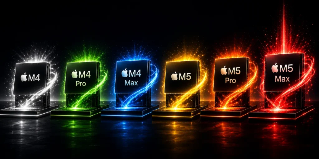 Illustration comparing Apple M4, M4 Pro, M4 Max, M5, M5 Pro and M5 Max chips to show Apple's MacBook processor lineup.