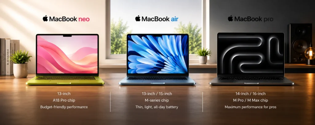 MacBook Neo vs MacBook Air vs MacBook Pro comparison showing Apple's current MacBook lineup.