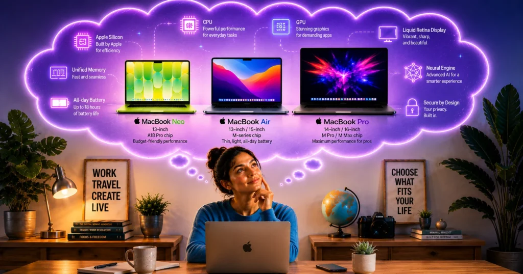 Person comparing the MacBook Neo, MacBook Air and MacBook Pro while learning about Apple Silicon and MacBook technology.