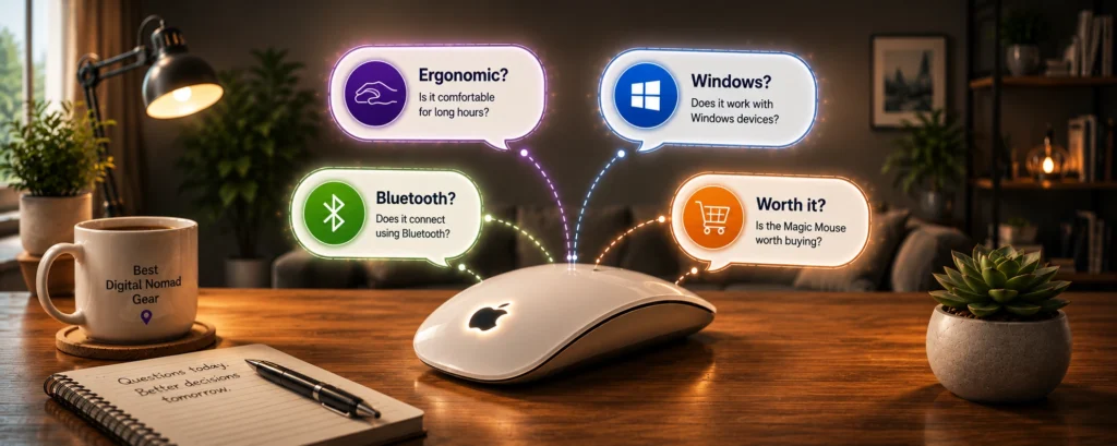 Apple Magic Mouse surrounded by frequently asked questions about ergonomics, Windows compatibility, Bluetooth connectivity and overall value.