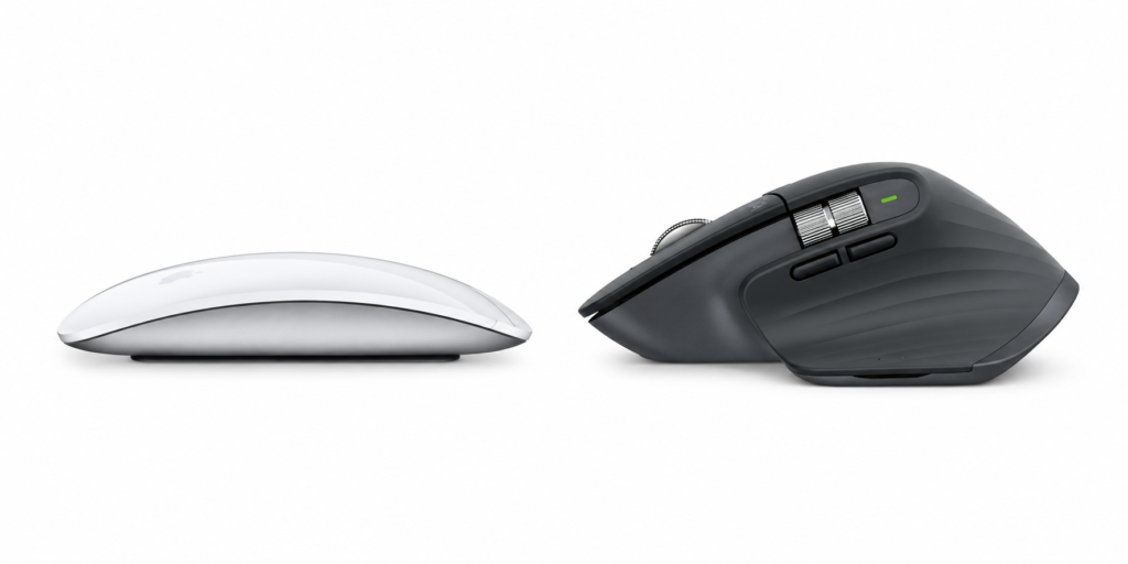 Side profile comparison of the Apple Magic Mouse and Logitech MX Master showing their different design philosophies.