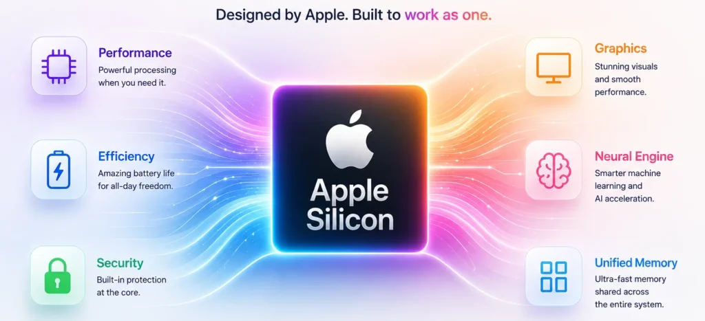 Modern illustration of Apple Silicon showing Apple's integrated chip architecture powering MacBook performance and efficiency.