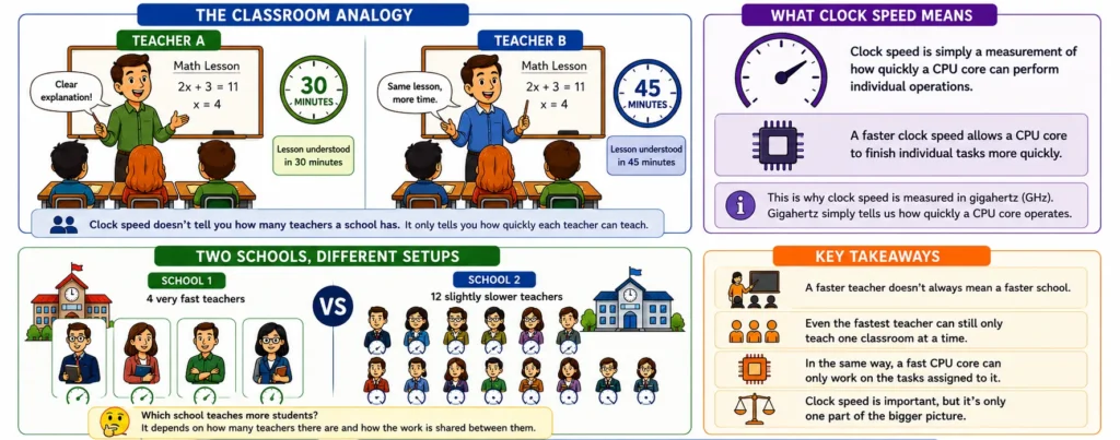 Cartoon illustration explaining CPU clock speed using two teachers who teach the same lesson at different speeds.