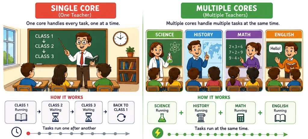 Cartoon illustration explaining single-core and multi-core CPUs using a classroom with one teacher versus multiple teachers.