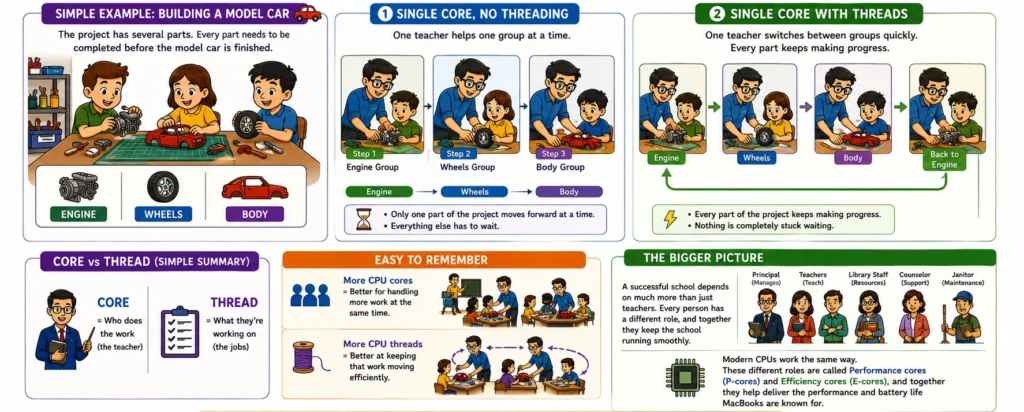 Cartoon illustration explaining CPU threads using a teacher helping multiple student groups working on a model car project.