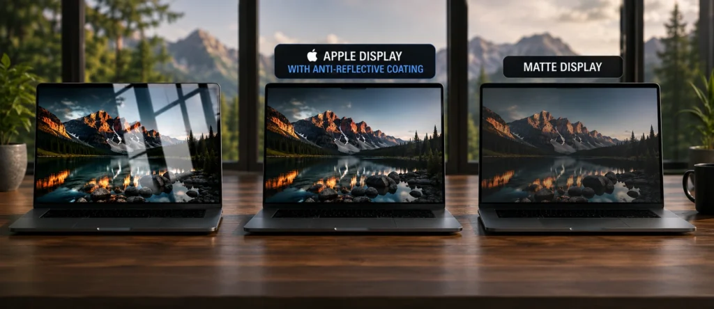 Side-by-side comparison of a glossy display, Apple's anti-reflective display coating, and a matte display, showing the differences in reflections, colour vibrancy, and glare reduction.
