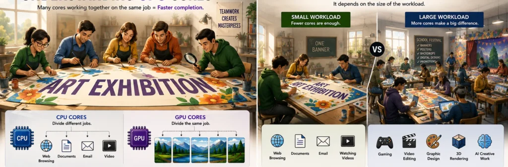 Cartoon illustration explaining GPU cores using art teachers working together on the same banner and comparing small versus large graphics workloads.