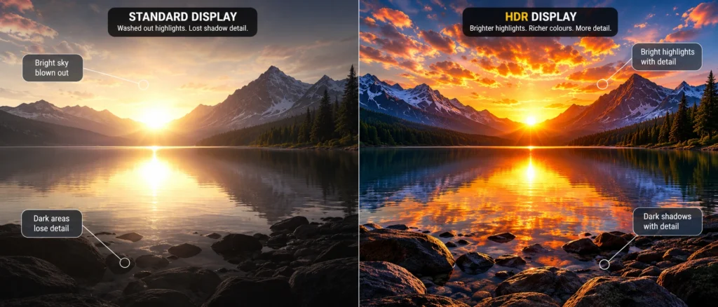 Side-by-side sunrise comparison illustrating the difference between a standard display and an HDR display, showing washed-out highlights and crushed shadows versus preserved detail in both bright and dark areas.