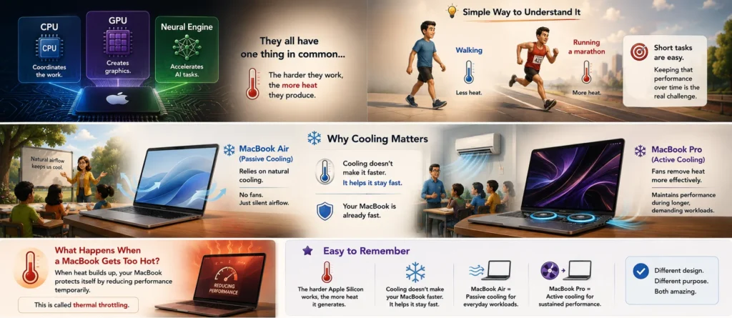 Cartoon illustration explaining how Apple Silicon stays cool by comparing passive cooling in the MacBook Air with active cooling in the MacBook Pro.