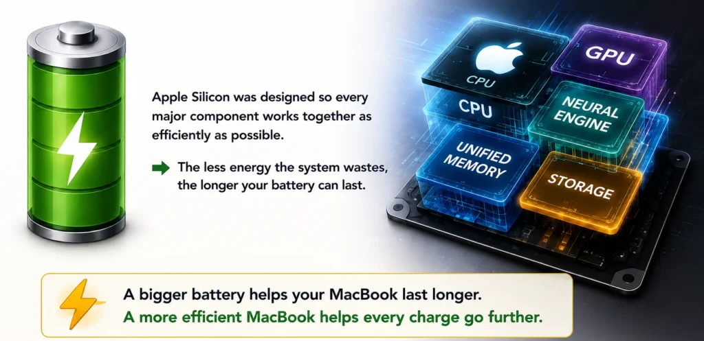 Illustration explaining how Apple Silicon improves MacBook battery life by making the CPU, GPU, Neural Engine, Unified Memory and Storage work together more efficiently.