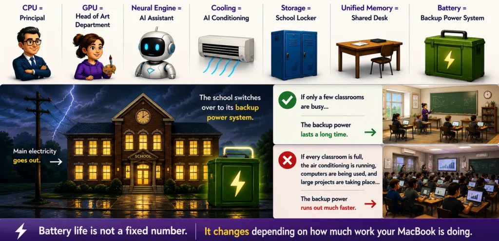 Cartoon illustration explaining MacBook battery life using a school backup power analogy to show how workload affects battery life.