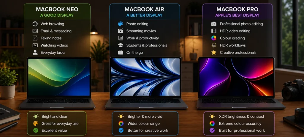 Side-by-side comparison of the MacBook Neo, MacBook Air and MacBook Pro displays, highlighting the different display tiers designed for different users.
