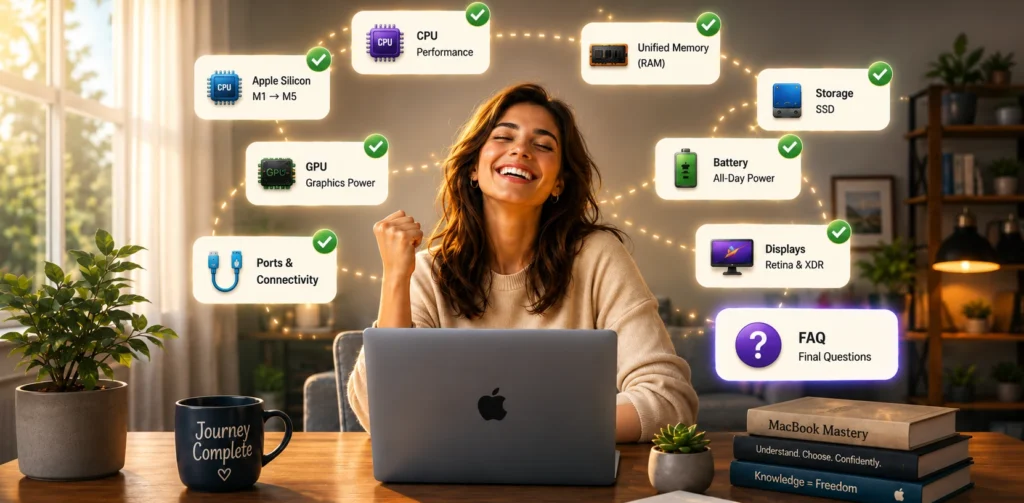 MacBook guide FAQ banner showing a happy learner celebrating their understanding of Apple Silicon, CPU, GPU, unified memory, battery life, storage, displays and connectivity before the final FAQ section.