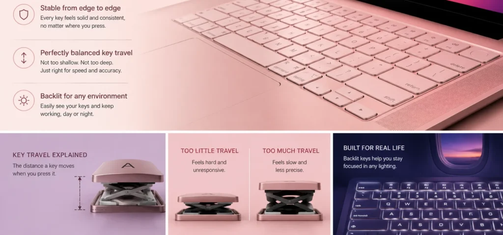 Infographic showing MacBook keyboard features, including stable keys, balanced key travel, and backlit keys for comfortable typing in different lighting conditions.