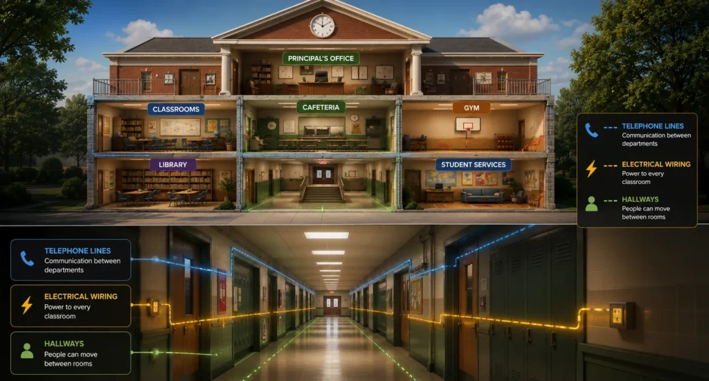 Cartoon illustration explaining the MacBook motherboard using a school building with classrooms, hallways, telephone lines and electrical wiring.
