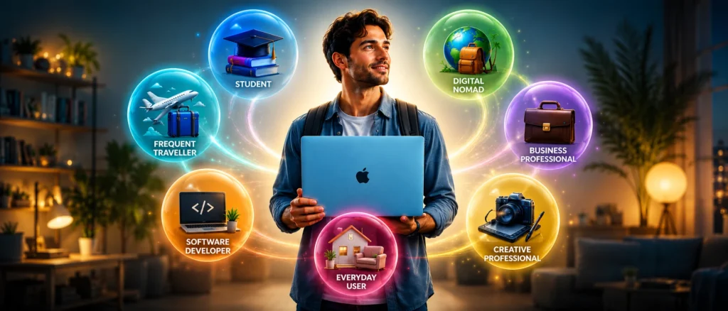 Person holding a sky blue MacBook surrounded by icons representing different laptop user types including student, digital nomad, business professional, software developer, creative professional, frequent traveller and everyday user.