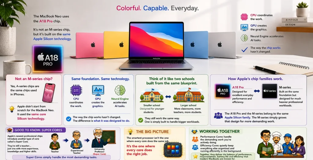 Illustration explaining why the MacBook Neo uses the Apple A18 Pro chip and how it fits into the Apple Silicon family.