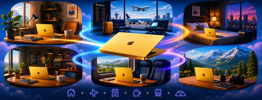 Vibrant illustration showing a MacBook travelling between a home office, airport, hotel, café, train, and mountain workspace, representing portability and working from anywhere.