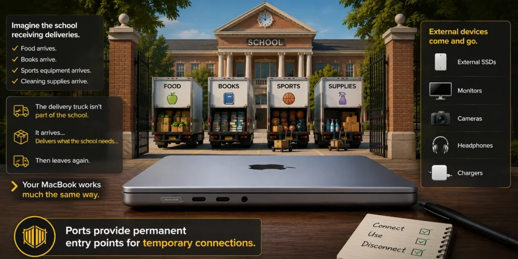 Cartoon illustration explaining MacBook ports using a school delivery gate analogy, where trucks bring supplies into the school just like external devices connect to a MacBook.