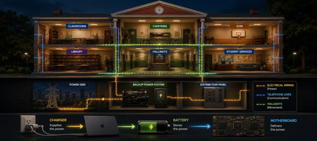 Cartoon illustration explaining MacBook power delivery using a school's electrical system with a power grid, backup power system, electrical wiring and distribution panel.