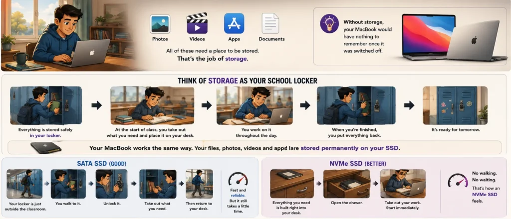 Cartoon illustration explaining MacBook storage using a school locker analogy and comparing SATA SSD with NVMe SSD.