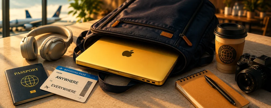 Travel setup with a MacBook packed inside a backpack alongside a passport, boarding pass reading "From Anywhere to Everywhere", headphones, coffee, notebook and camera, illustrating laptop portability.