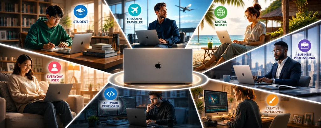 Different MacBook user profiles including students, digital nomads, business professionals, developers, creatives and everyday users surrounding a MacBook.