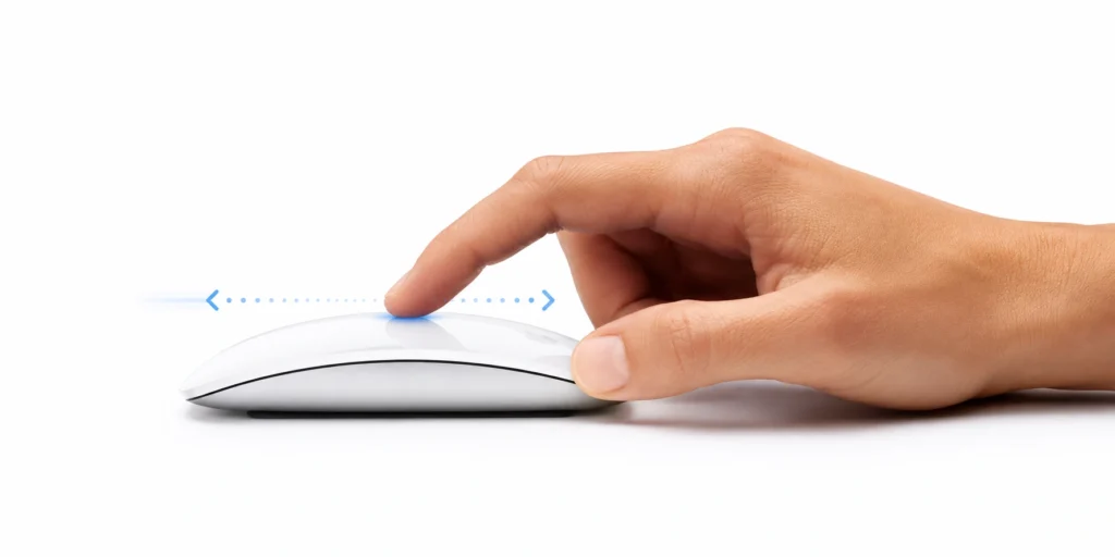 Apple Magic Mouse gesture controls demonstrated with a finger scrolling across the Multi-Touch surface.