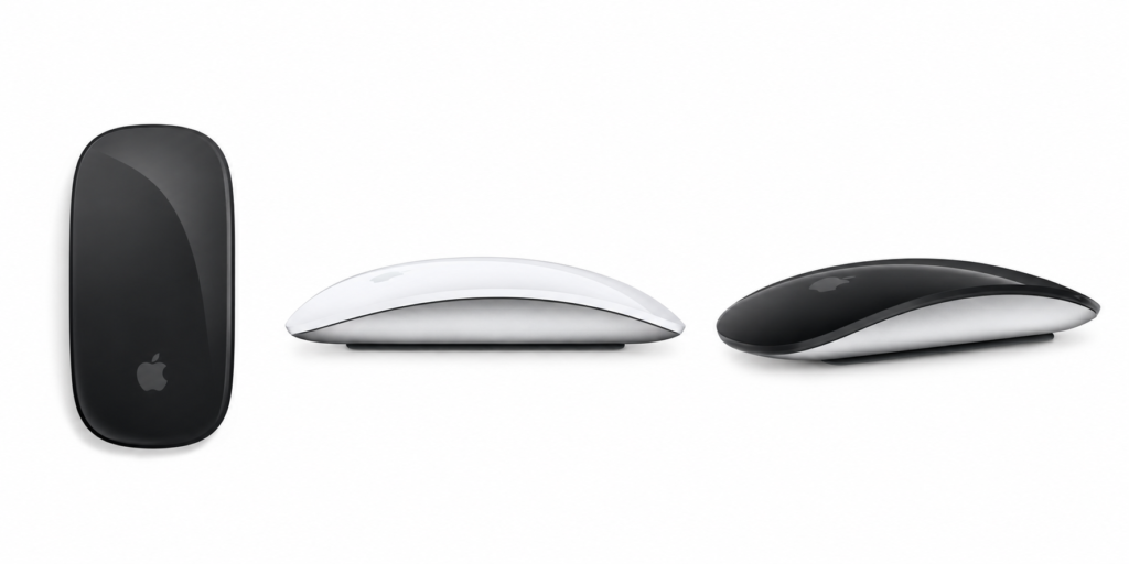 Apple Magic Mouse shown from the top, side profile and angled view in black and white finishes.