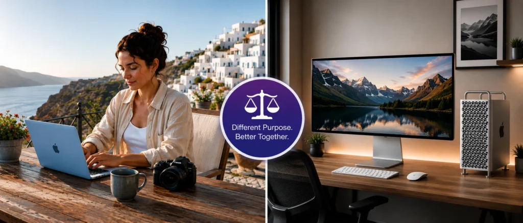 Split illustration showing a professional using a sky blue MacBook Air while travelling and a powerful Apple Studio Display with Mac Pro workstation for demanding work at home.