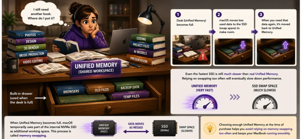 Cartoon illustration explaining memory swapping by showing how macOS temporarily uses SSD storage when Unified Memory becomes full.