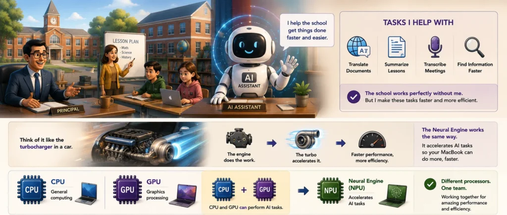Cartoon illustration explaining the Apple Neural Engine (NPU) using an AI assistant in a school to show how it accelerates AI tasks.