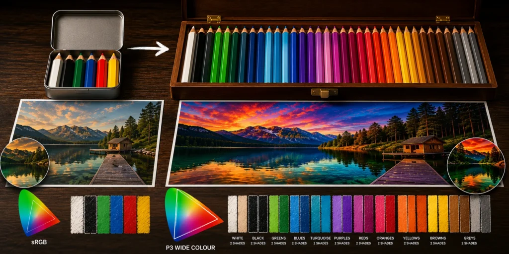Illustration comparing a small box of coloured pencils with a larger box to explain how P3 Wide Colour displays reproduce a wider range of colours.