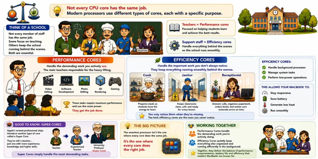 Cartoon illustration explaining Performance cores and Efficiency cores using teachers and school support staff as an analogy.