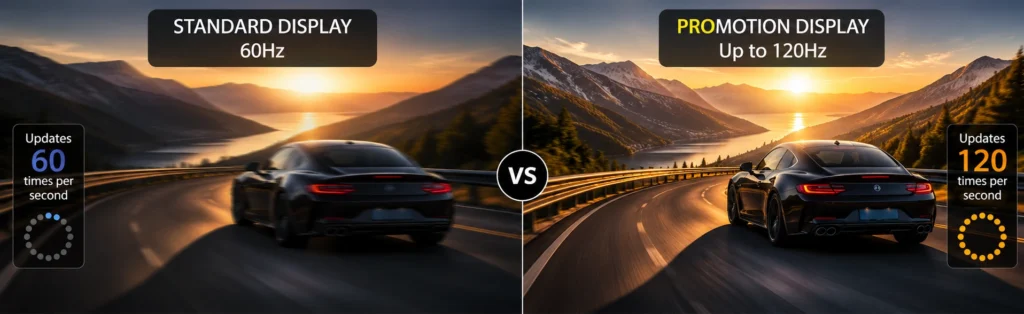 Side-by-side comparison showing a car driving on the same road at 60Hz and 120Hz ProMotion, illustrating the difference in motion clarity and smoothness.