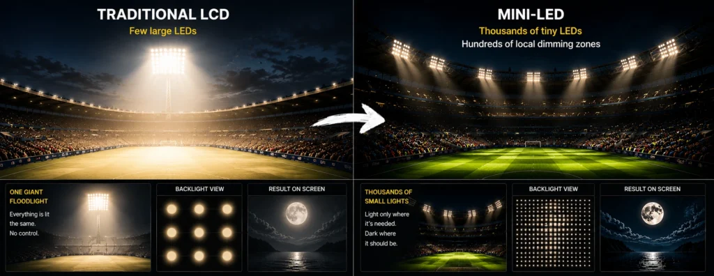 Side-by-side comparison of a traditional LCD and Mini-LED display using a stadium lighting analogy to demonstrate the difference between a single floodlight and thousands of independently controlled lights.