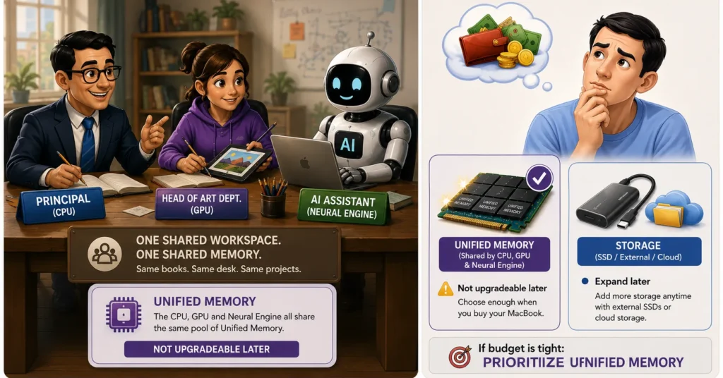 Cartoon illustration explaining Apple Unified Memory as a shared workspace for the CPU, GPU and Neural Engine, with guidance to prioritize Unified Memory over storage when buying a MacBook.