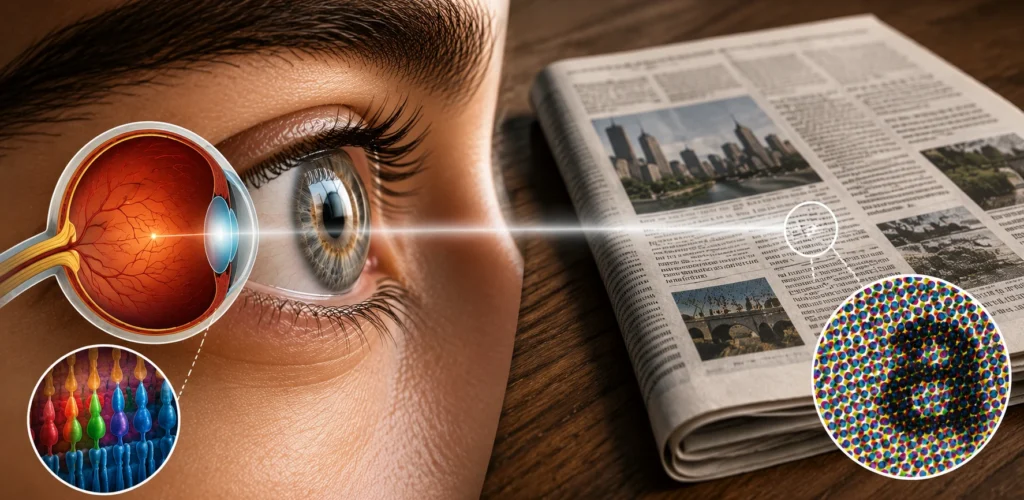 Close-up illustration of a human eye and a newspaper showing how Retina displays make individual pixels difficult to distinguish at a normal viewing distance.