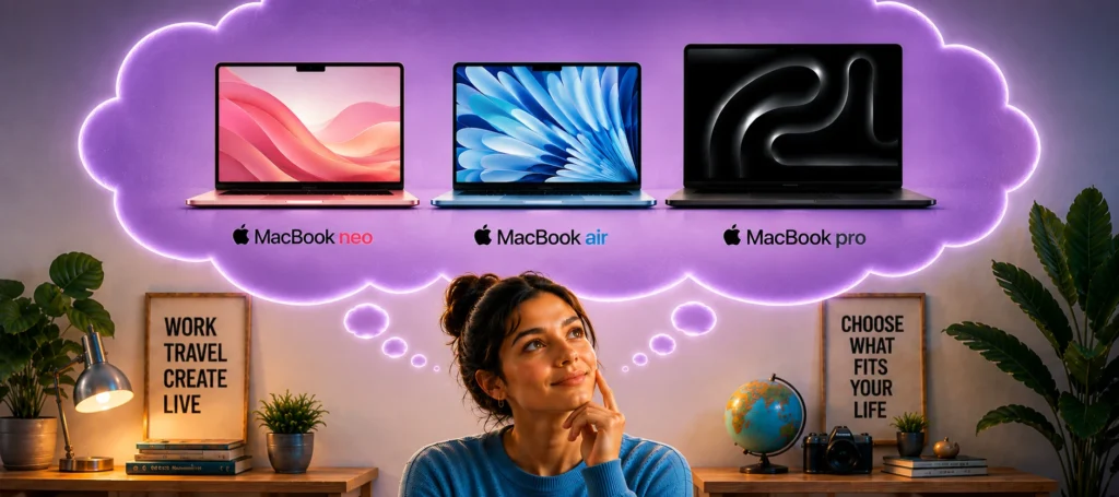 Woman thinking about choosing between a pink MacBook Neo, sky blue MacBook Air and midnight black MacBook Pro displayed inside a purple thought cloud.