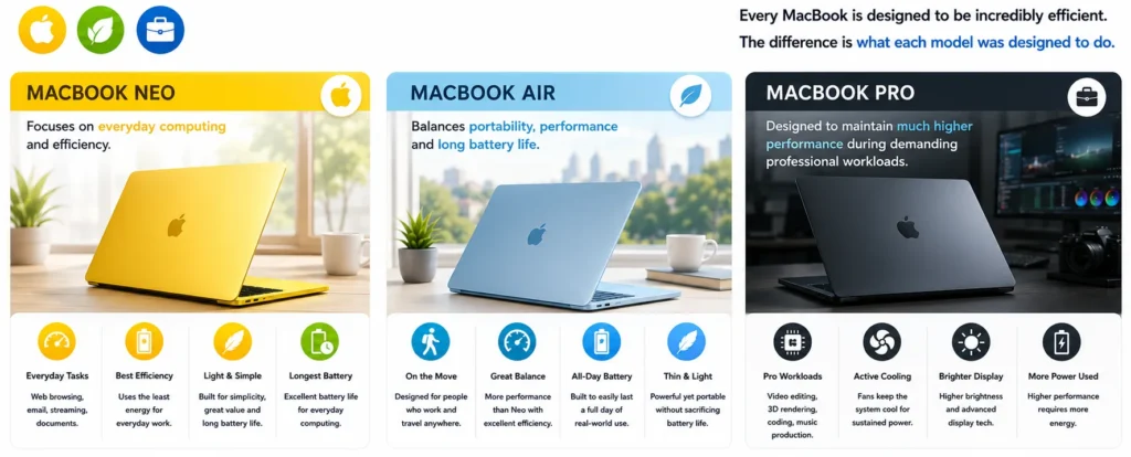 Illustration comparing the MacBook Neo, MacBook Air and MacBook Pro to explain why battery life differs between Apple laptop models.