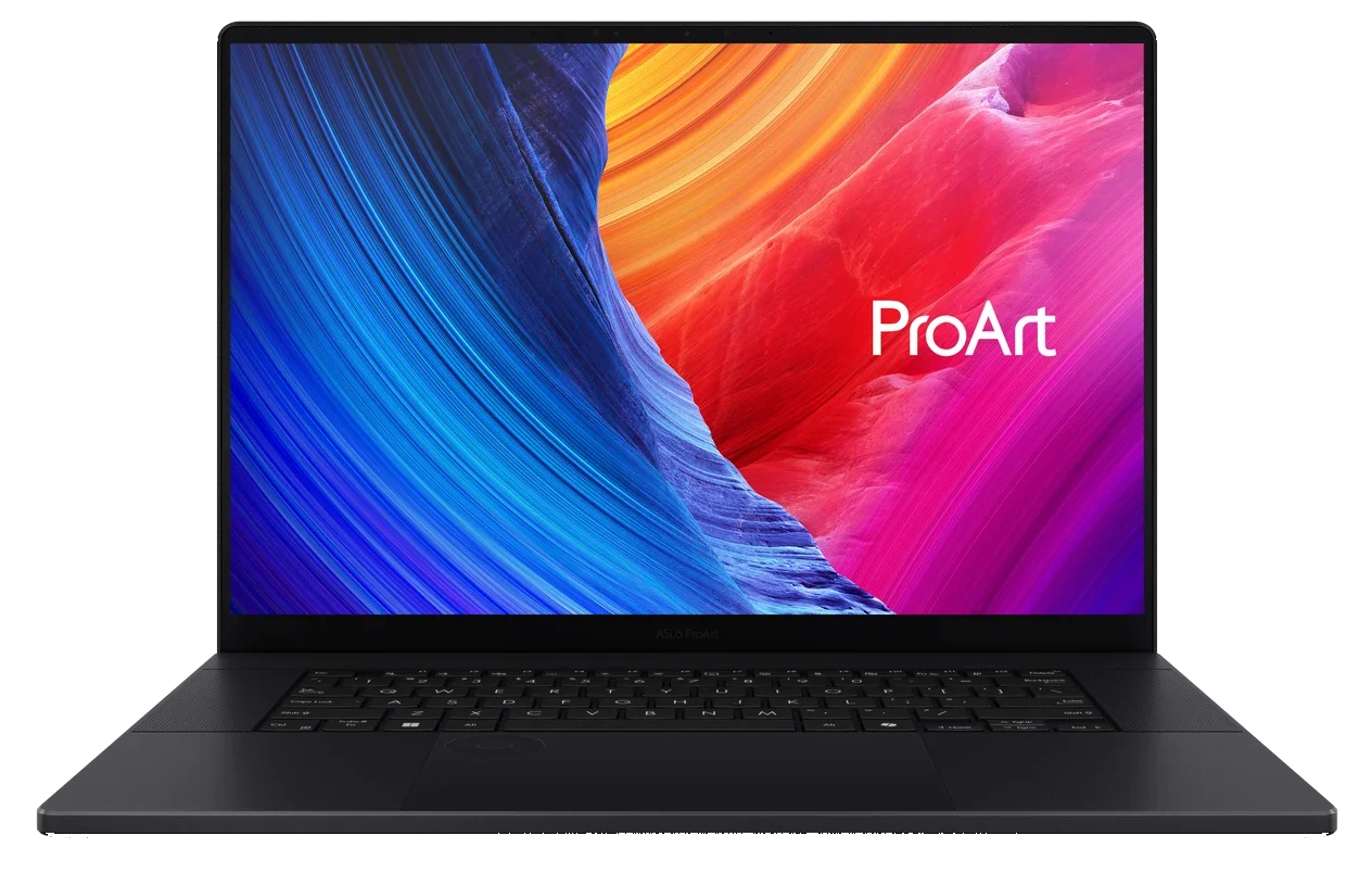ASUS ProArt P16 laptop shown from the front with its colorful display