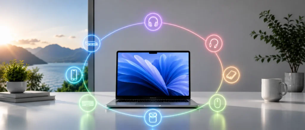Laptop surrounded by glowing icons representing essential accessories