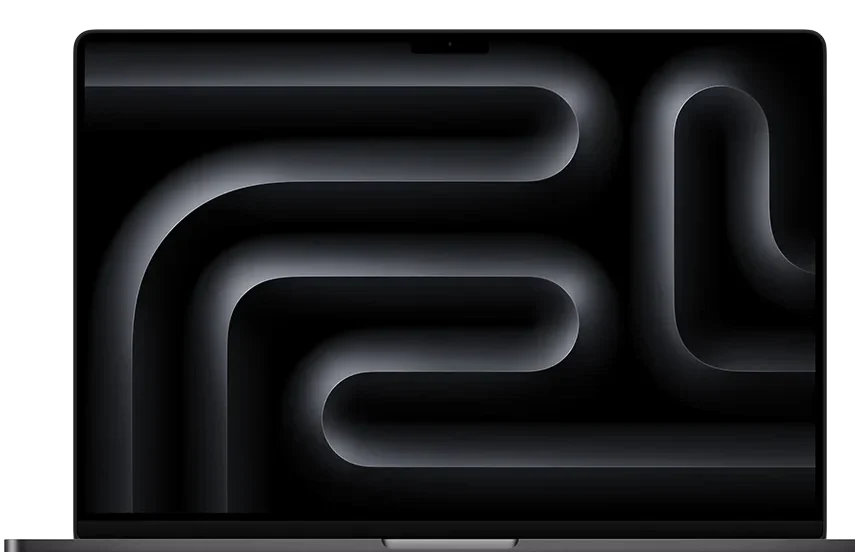 MacBook Pro shown from the front with its dark display